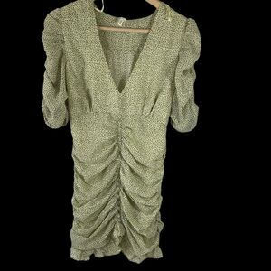 Sage The Label Pale Yellow Spotted Ruched Ruffled Hemline‎ Dress Sz S